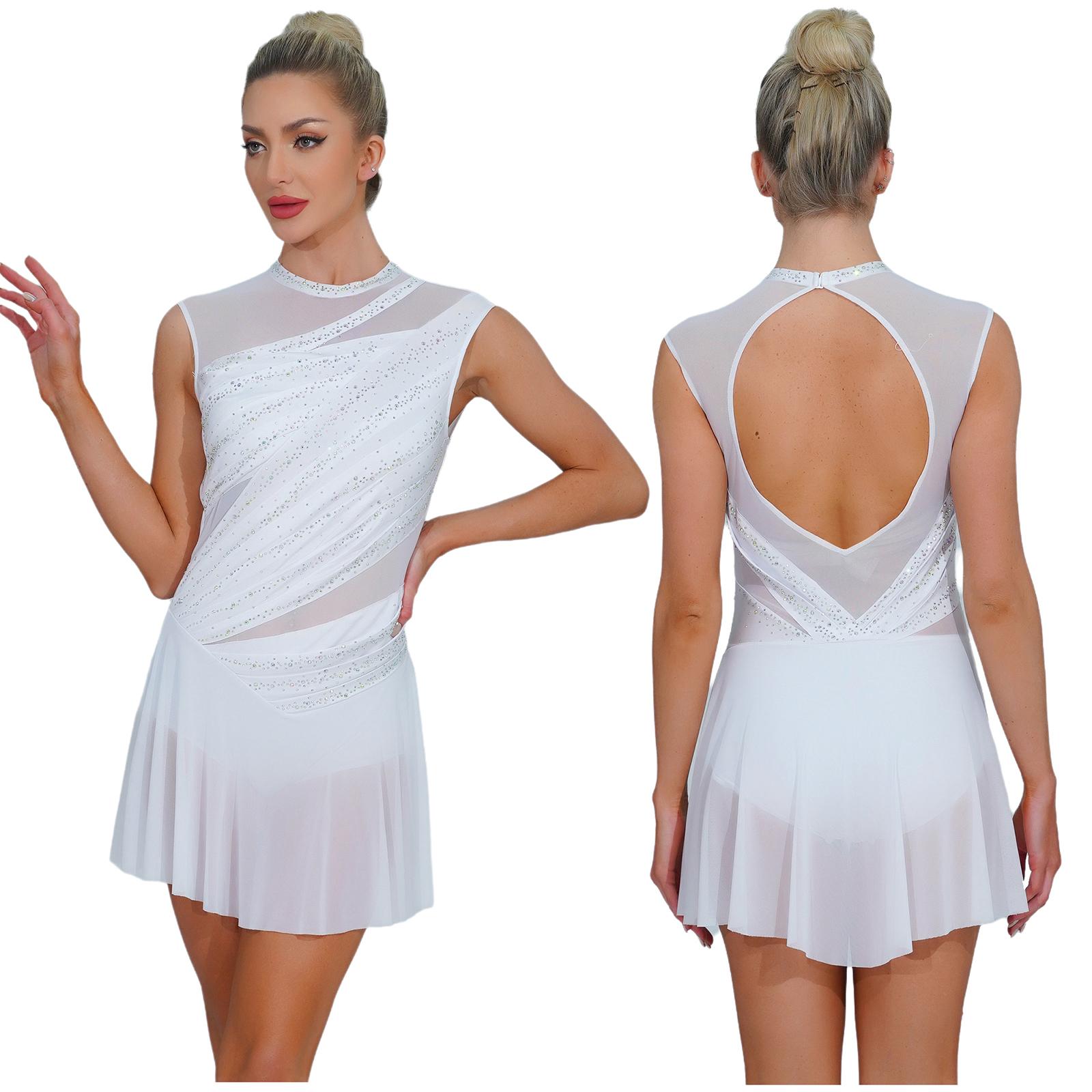 

Женский гимнастический купальник для художественной гимнастики, фигурного катания, балета, лирического танца, платье со стразами, со встроенной ластовицей и кнопками на трусиках S белый