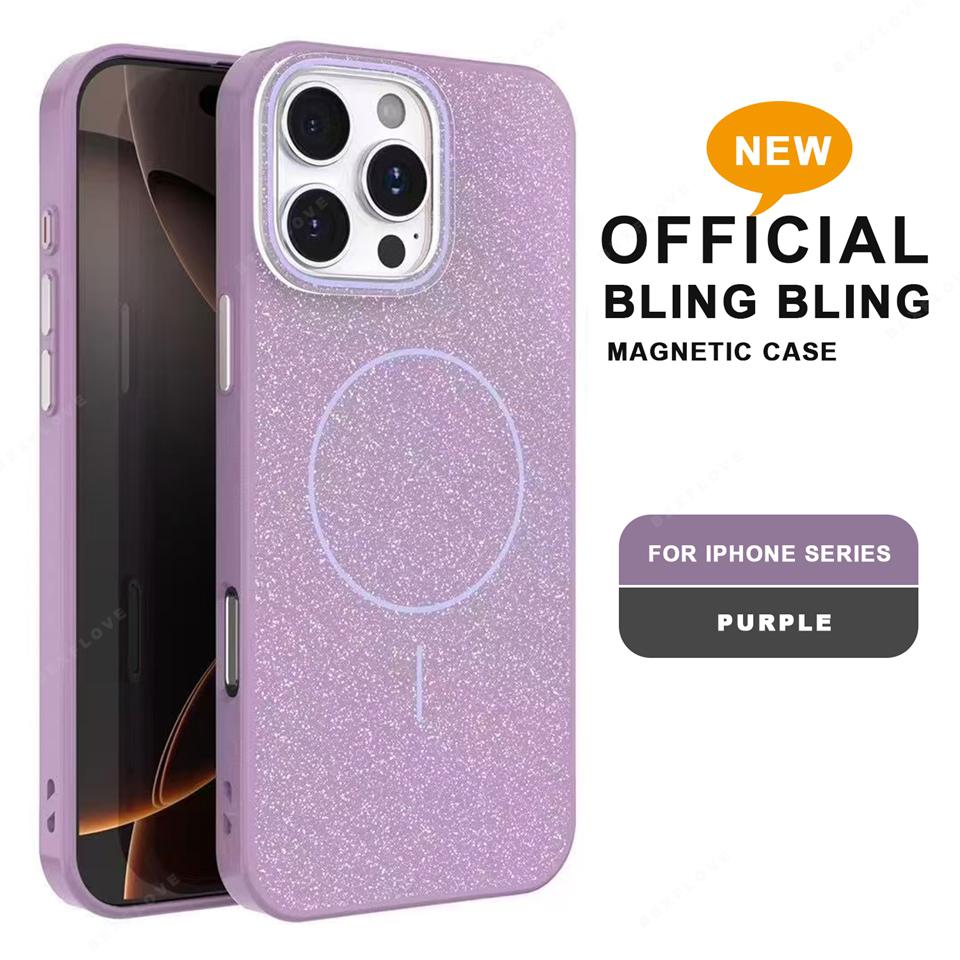 Magnetic Phone Case for iPhone 16E 15 14 Plus 11 12 13 16 Pro Max Magsafe Luxury Glitter Wireless Charging Shockproof Hard Cover