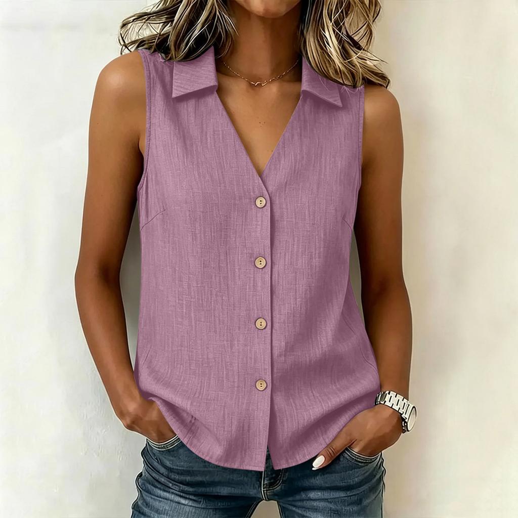 Women's Summer Sleeveless Button Front Shirt V Neck Collar Casual Loose Fit Lightweight Blouse for Everyday Wear