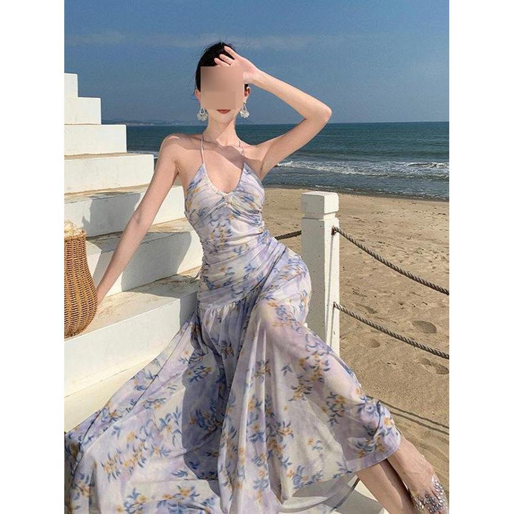 

Сладкое платье-халтер с воротником, женское летнее уникальное дофаминовое красивое цветочное пляжное платье L- (recommended 100-55kg)