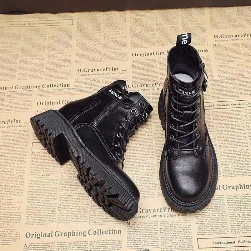 Women's Shoes 2025 New Genuine Leather Riding Boots Mid-Calf Flat Versatile Cotton Shoes Winter Fleece-Lined Short Boots