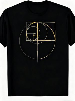 Fibonacci Spiral Geometric Design Black T-Shirt-Elegant Gold Print Soft Cotton Art Style T-Shirt Perfect For Math Lovers, Casual Outings And Everyday 