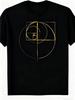 Czarny T-shirt z geometrycznym wzorem spirali Fibonacciego - Elegancki złoty nadruk Miękka bawełna Styl artystyczny T-shirt Idealny dla miłośników matematyki, na nieformalne wyjścia i na co dzień