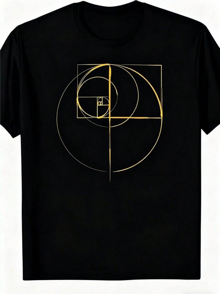 T-shirt Nera con Design Geometrico a Spirale di Fibonacci - Elegante Stampa Oro - Morbido Cotone - Stile Artistico - Perfetta Per Amanti della Matematica, Uscite Informali e Uso Quotidiano