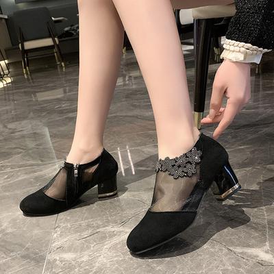 Fashion Women's Shoes High Heel 2024 Spring Fashion Flowers Square Heel Sandals Women Summer Size 43 Breathable Mesh Rhinestone Sandals