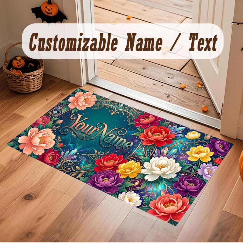 Floral Garden Theme Crystal Velvet Floor Rug Personalized Custom Name Text Warm Carpet Home Decoration