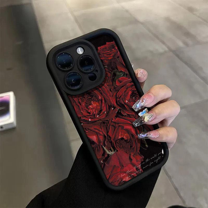 Estheticism Full Screen Red Rose Phone Case For iPhone 15 14 13 12 11Pro Max XR XS MAX 78Plus MINI Y2K Girl Anti Fall Back Cover