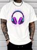 Unisex Red Crew Neck Tee Neon Cyan Purple Over Ear Headphones Burst Line Graphic Music Dj Audio Lover Street Casual Cotton Tops