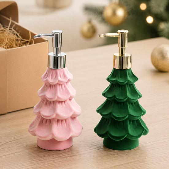 Small Christmas Gifts for Friends Tree Soap Dispenser, Flocking Effect Refillable Lotion Unique Shampoo Dispenser Home Pump Bottle, Reusable Bathroom