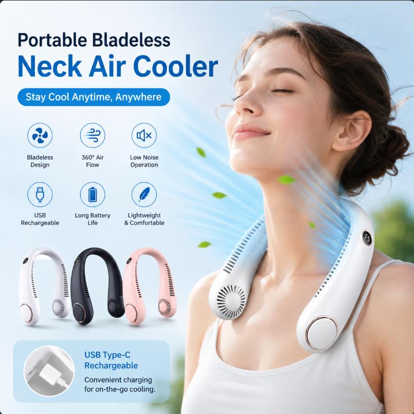 New Mini Neck Mounted Fan 5 File Speed Summer Sports Fan Outdoor Sports Fans USB Rechargeable Air Cooler for Home Office Bedroom
