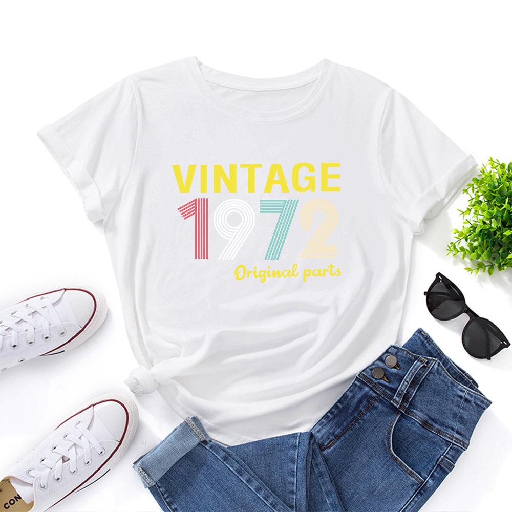 1972 Vintage Alphabet Cotton T-Shirt Short Sleeve Round Neck Women 2d Print Tops