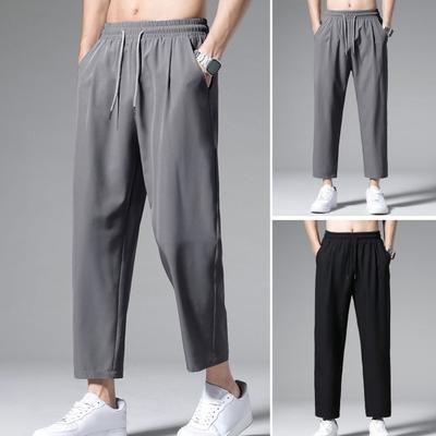 Men's Casual Ankle-Length Pants Solid Color Straight Wide-Leg Trousers Elastic Waist Ice Silk Breathable Quick-Dry Baggy Cargo Streetwear with Pockets