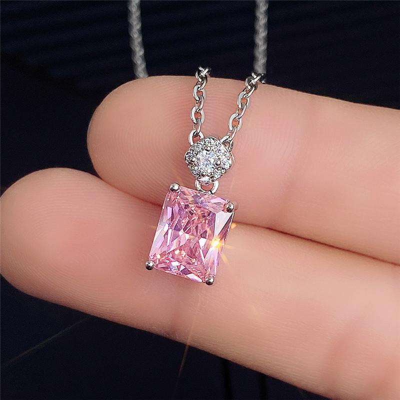 Luxury Fashion Women s Tibetan Silver Necklace With Big Pink Cubic Zirconia Simple Elegant Female Accessories New Trendy розовый
