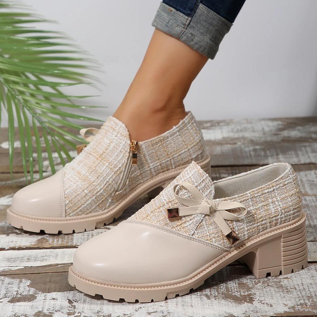 Fashion Comemore Women's Elegant Colorblock Pumps 2025 Spring New Thick Heel Ladies Single Shoes Round Toe Bowknot Decor Heels for Women