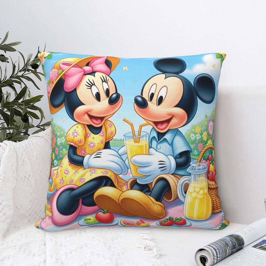 Kawaii Mickey Minnie Paar Kissenbezug, bedruckt, Polyester, Kissenbezug, Dekokissenbezug, Sitzkissenbezug, Reißverschluss, 40 x 40 cm