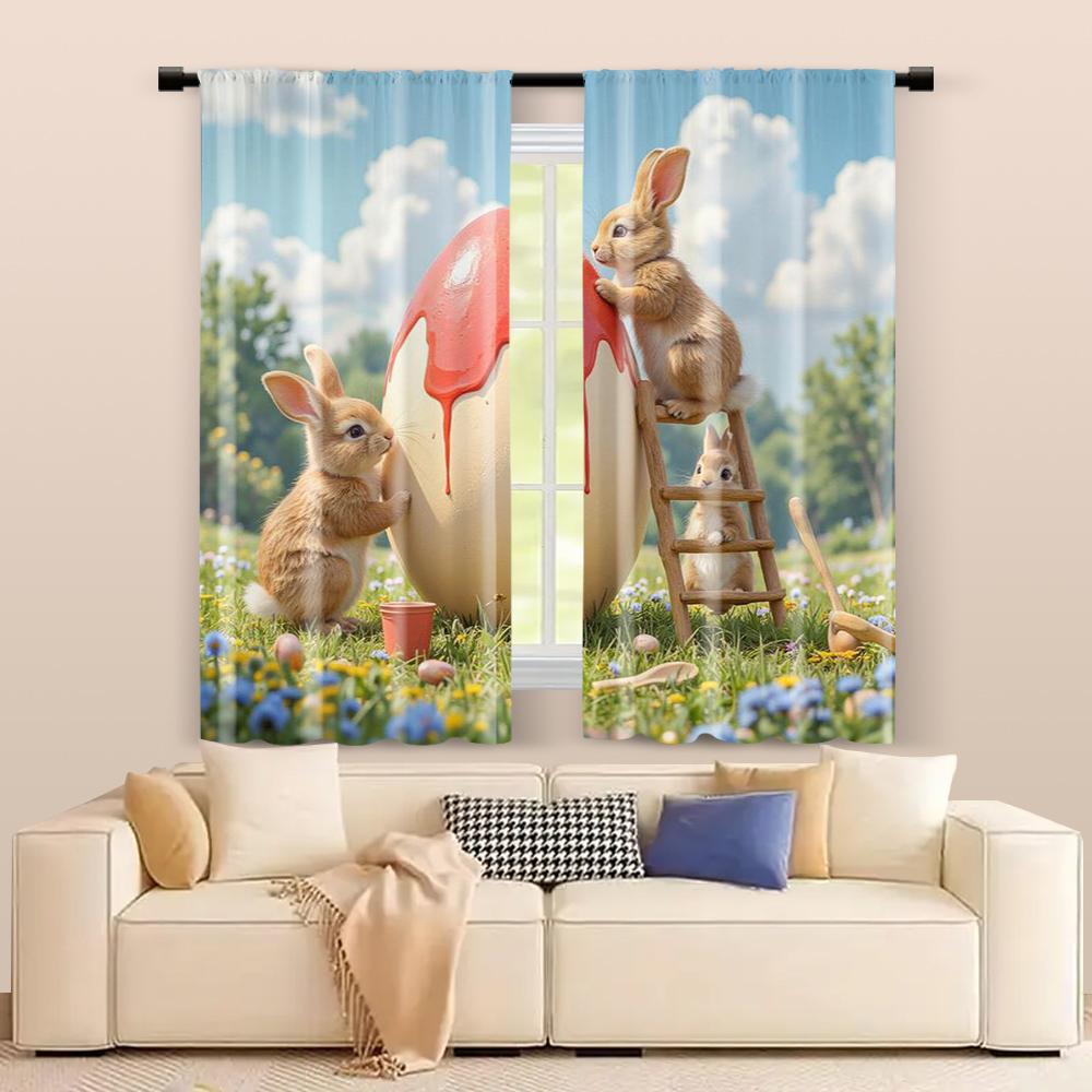 2 Pcs   Filtering Curtains (excluding Rods   Non-movable   Without Batteries) White Rabbits and Eggsbackgroundsuitable for Use In