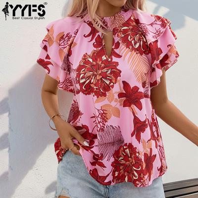 Women's Fashion Casual Summer Spring Flower Pattern Print Short Sleeve O-Neck Blouses & Shirts