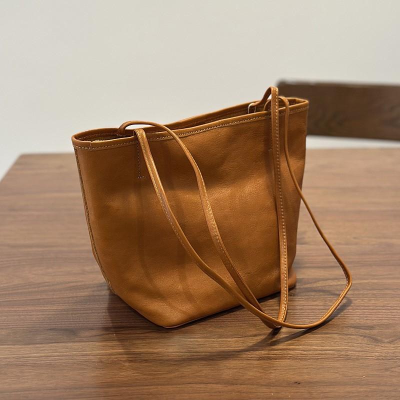 Johnature Retro Genuine Leather Tote Bag Versatile Commuting Solid Color Soft Leather Women's Shoulder Bag