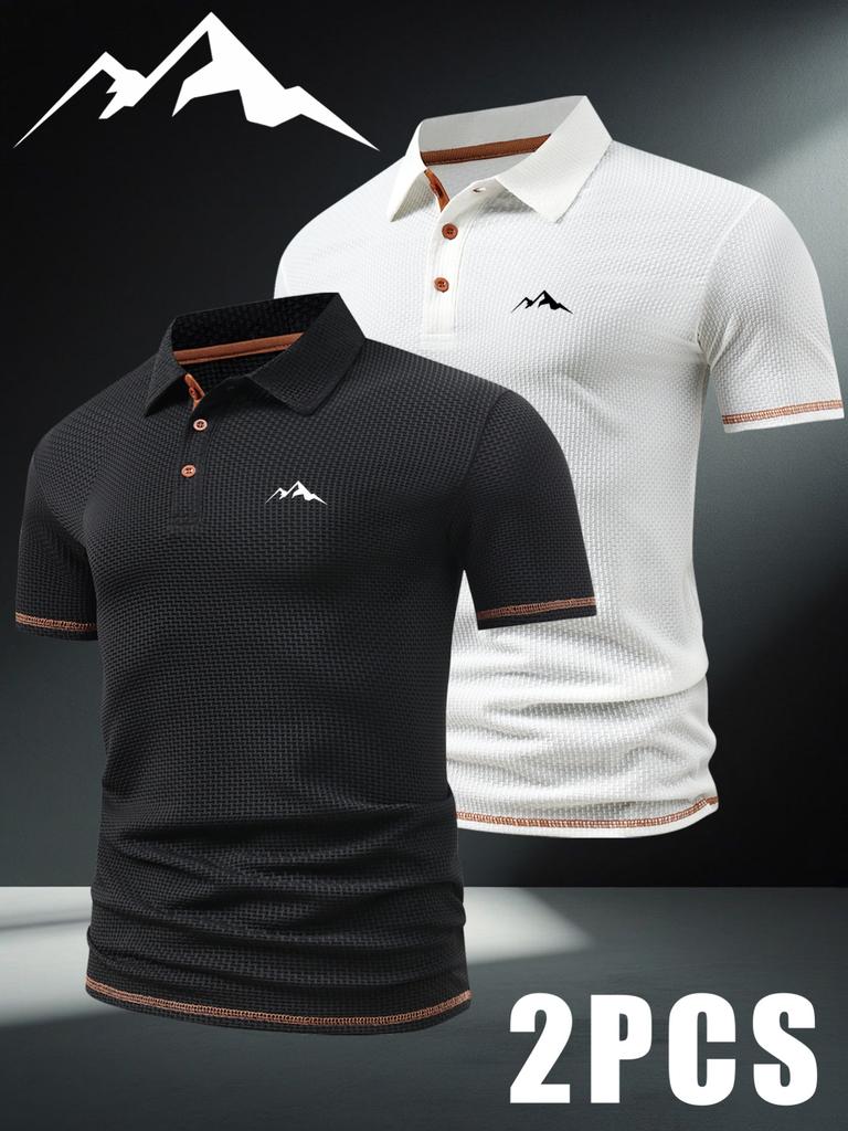 2 szt. Męskie Koszulki Polo Outdoor do Golfa z Małym Wzorem Górskim - Krótki Rękaw i Blok Kolorystyczny, Męska Koszulka Business Casual na Wiosnę i Lato