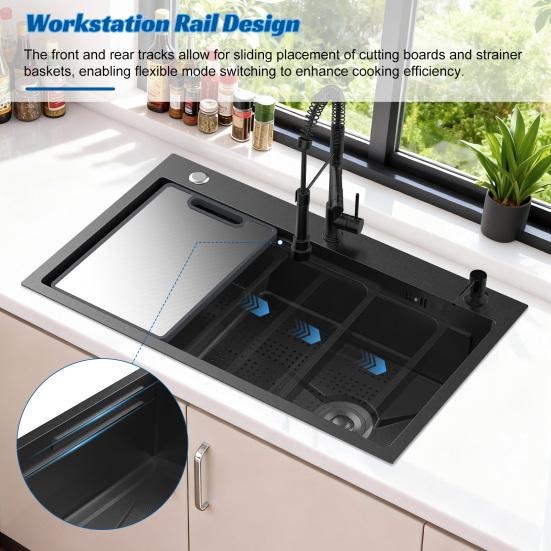 Multifunctional Kitchen Sink Top-Mount Sink 30 Inch Drop In Single Bowl Stainless Steel Black Workstation with Accessories (29.5" X 17.7")