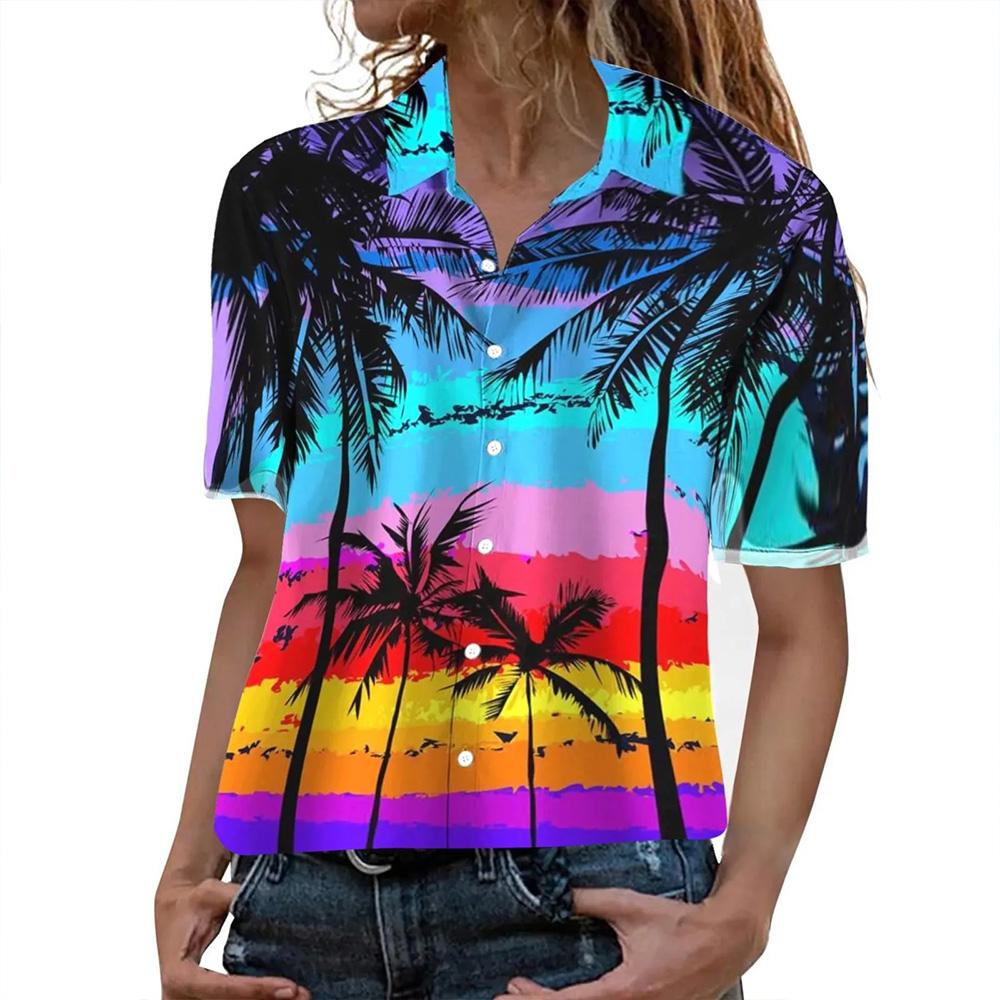 Stile Hawaiano Stampa 3D Monopetto Donna Camicia Hawaiana Moda Collo a Revers T-Shirt Estiva Manica Corta Donna