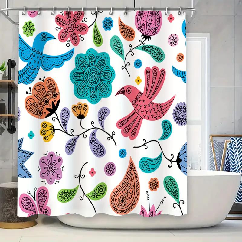 

Декоративная шторка для ванны и душа Цветочный узор с птицами Полиэстер Водонепроницаемая Шампунь Белый фон W90xH180cm