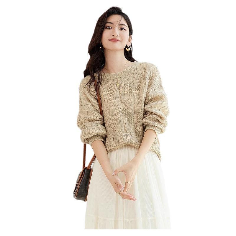 Hollow Retro Twisted Sweater Autumn New Women's Clothing Loose and Thin Casual Round Neck Pullover Knitted Sweater Women