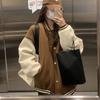 Oversized Fleece-Lined Baseball Jacket Men Women Streetwear Loose Fit Hoodless Coat In Black Khaki