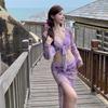 Elegant Purple Swimsuit Set: Women's Conservative Bikini with Long Dress and Slimming Features, Perfect for Hot Springs.