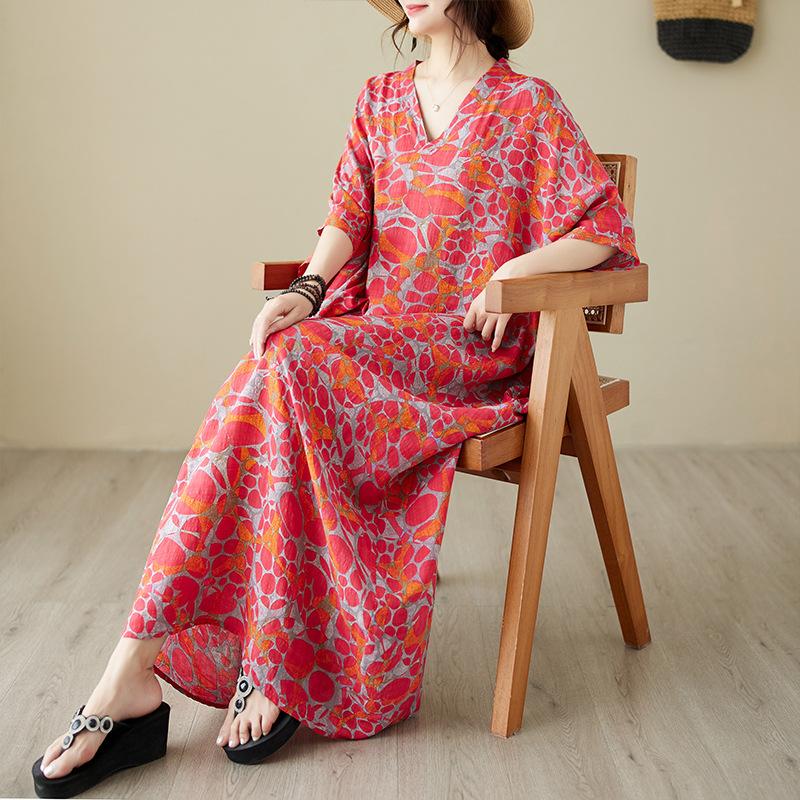 Real shot summer thin cotton and linen v-neck large size loose literary beach dress retro long robe