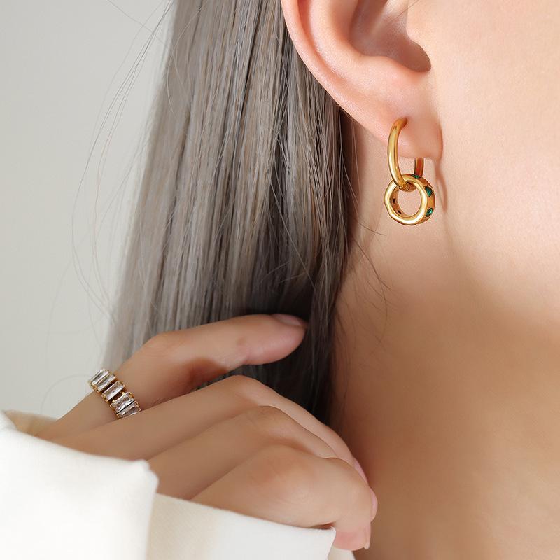 Gold Plated Titanium Steel Earrings with Green Zirconia Ring Pendants