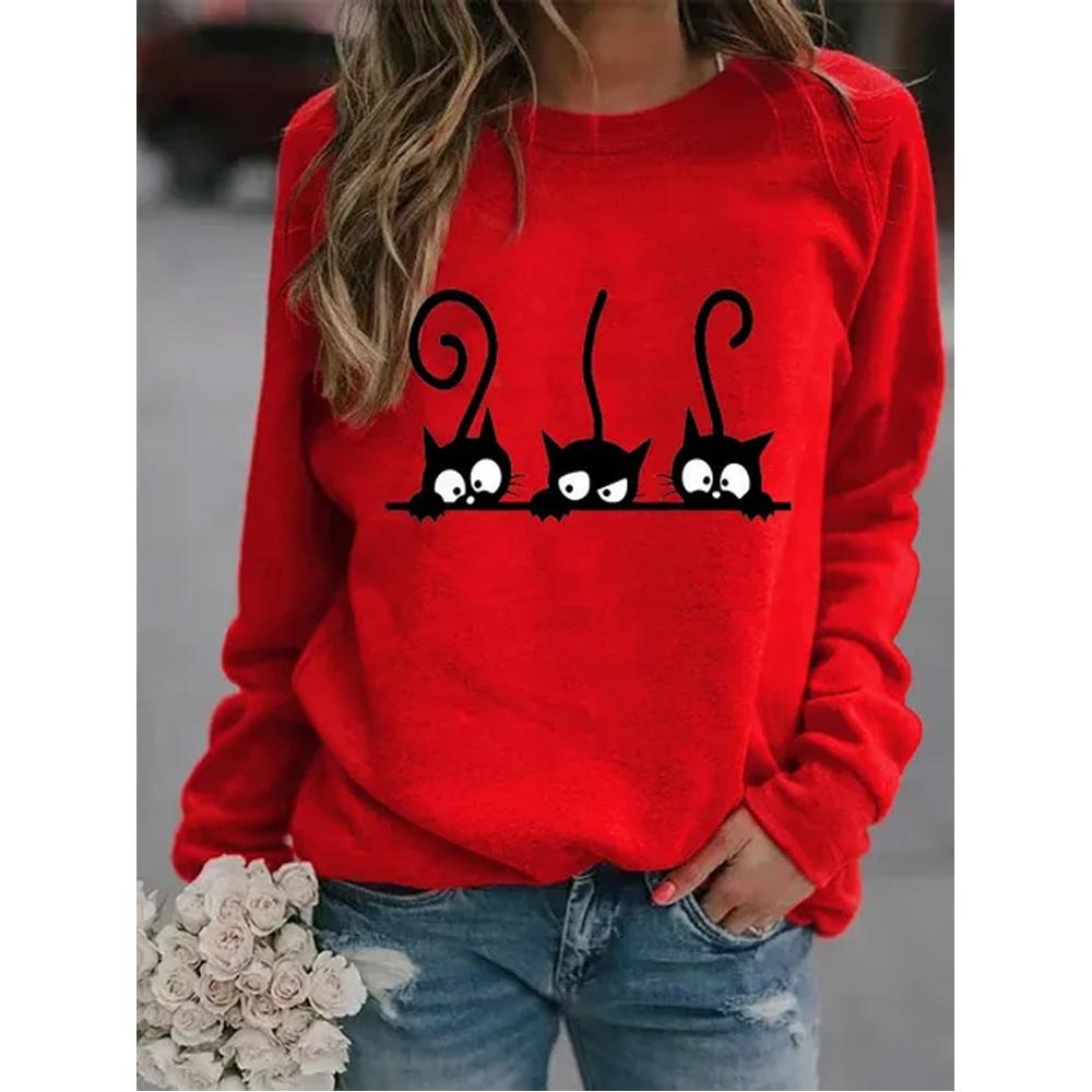 

Жіночі зимові нові модні повсякденні світшоти з довгими рукавами, круглим вирізом, чорні коти, вільні топи та блузки, футболки великих розмірів 2XL