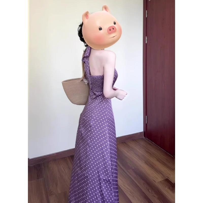Hong Kong Style Retro Polka Dot Neck Dress Women's Summer French Holiday Style Temperament V-neck Waist Thin Long Dress Purple