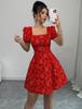 2026 Women's Summer Slim Jacquard Puff Sleeve Square Neck Dress - Elegant European Vacation Style