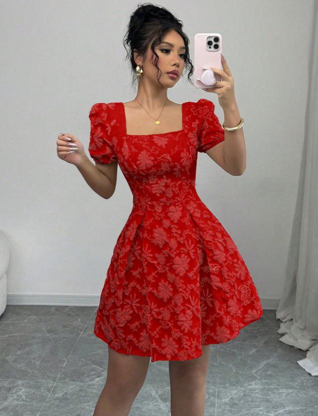 2026 Women's Summer Slim Jacquard Puff Sleeve Square Neck Dress - Elegant European Vacation Style