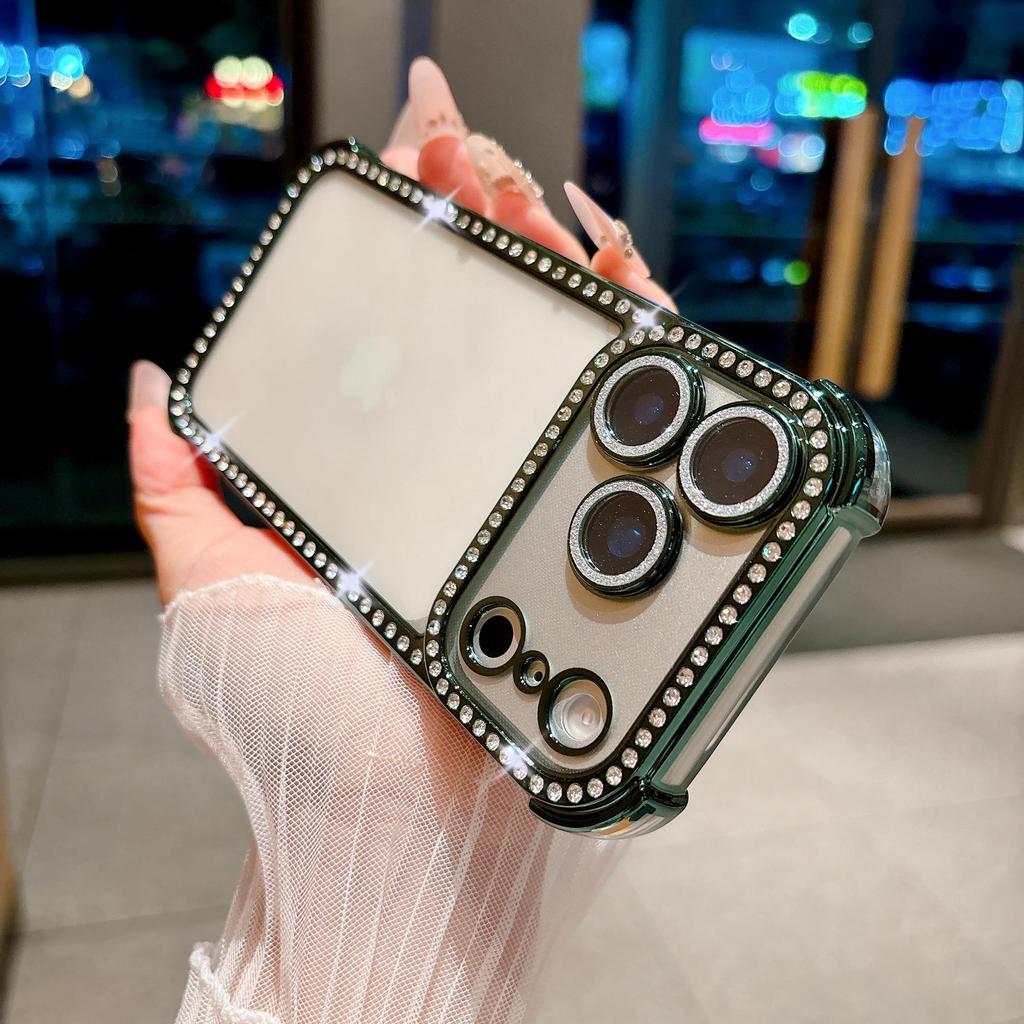 Apple 17 Pro Max Four-Corner Airbag Anti-Drop Instant Case for iPhone 16 with Rhinestone Glitter and Lens Film