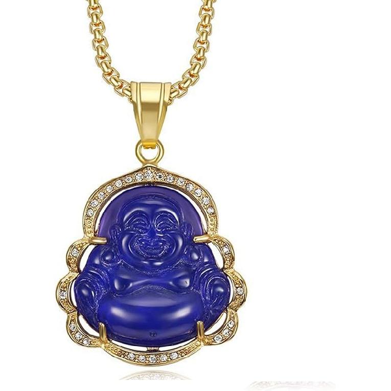 COLORFUL BLING Lucky Laughing Buddha Pendant Necklace Green Jade CZ Gemstone Amulet Jewelry for Women Men