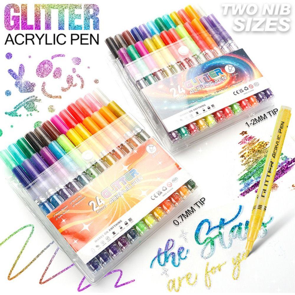 Easy To Clean 12/24Colors Glitter Pen Water-Based Quick-Drying Acrylic Pen Set DIY Graffiti Drawing Art Markers Pen Art Use