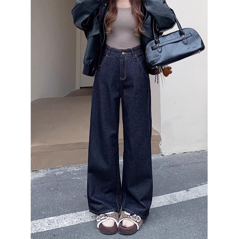 

Plus Size High Street Dark Blue Retro Straight Leg Jeans for Women M
