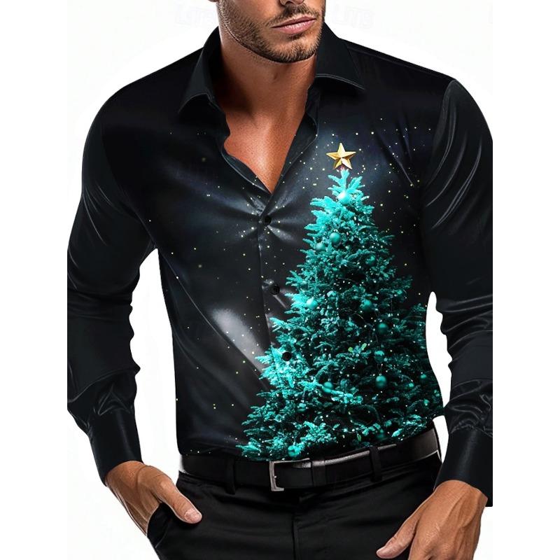 Men's 3D Printed Formal Shirts Christmas Tree Graphic Turn-Down Collar Long Sleeve Shirt Fashion Men's Shirts For Men