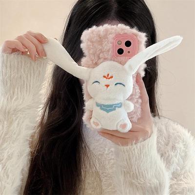 Plush Long-Eared Rabbit Silicone Case for iPhone 14 Plus, 13 Pro Max, 12, 11 - Cartoon Bracket Option
