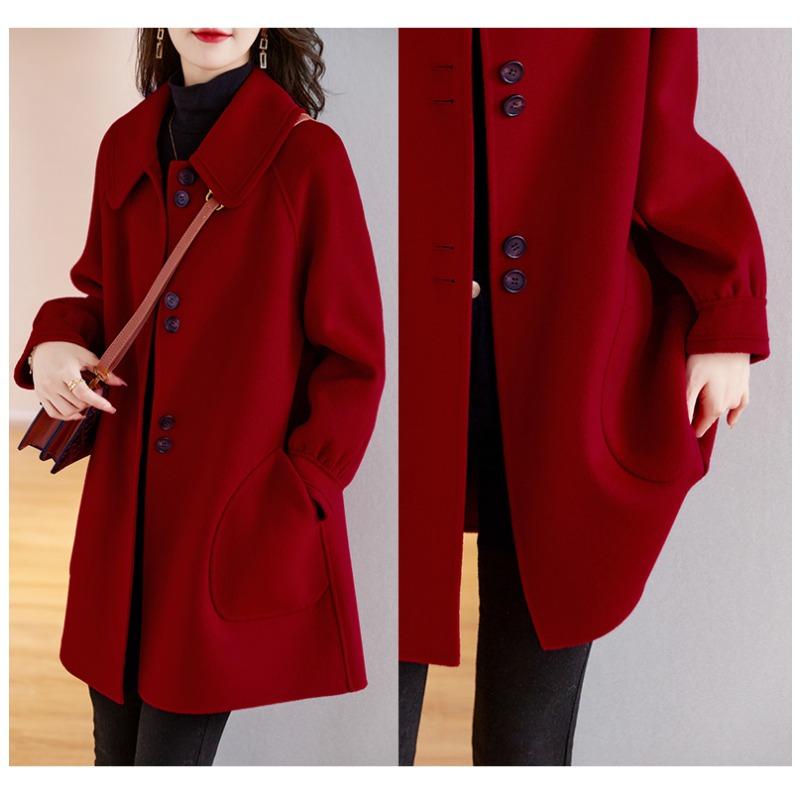 Casaco de Lã Vermelho Feminino Moda Inverno Slim Abotoamento Simples Trench Exterior de Alta Qualidade