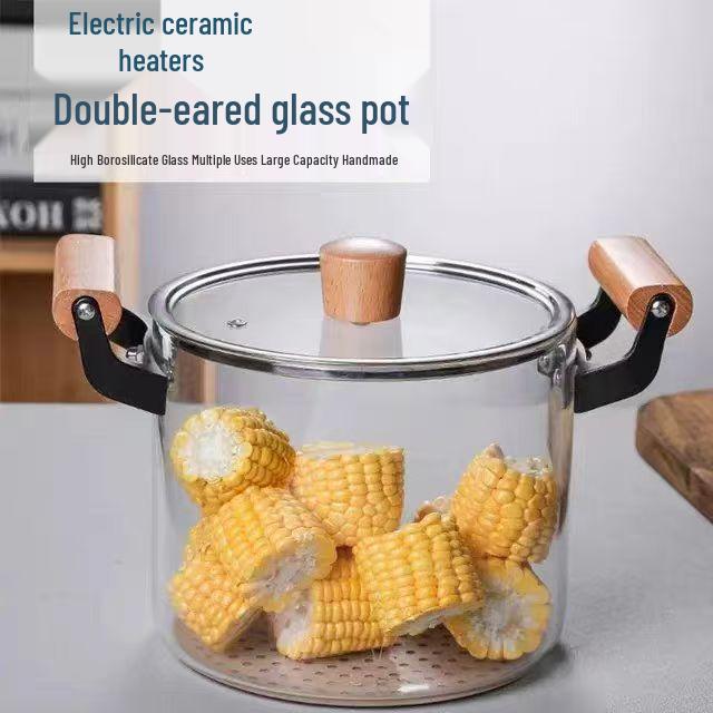 High Borosilicate Glass Soup Pot with Lid for Electric Stoves, Transparent Double Ear, Wood Handle.