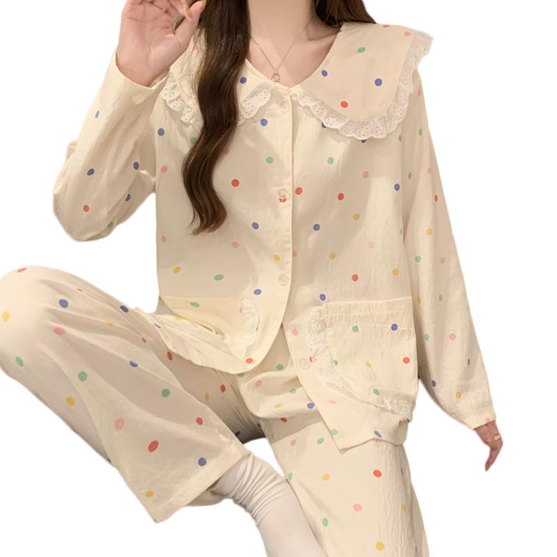 Doll Collar Long-Sleeved Pajamas Women'S Spring And Autumn New Color Polka Dot Simple Cloud Cotton Loungewear Two-Piece Set