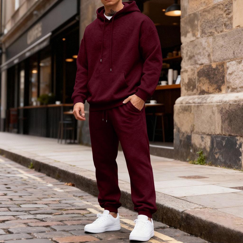 Men's Color Hoodie and Jogger Pants Set with Elastic Waist and Cuffed Ankles for Casual Wear