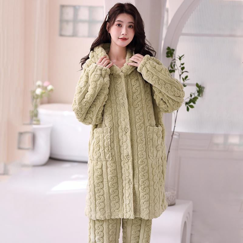 Coral Velvet Pajamas Women's New Winter Long Sleeve Thick Warm Jacquard Velvet Home Suit Can Be Worn Outside