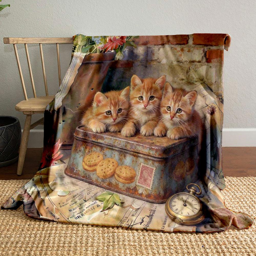 Two Puppies on A Box in A Retro Style Printing Blanket Adult Children Warm Blankets Home Travel Soft and Comfortable Blanket
