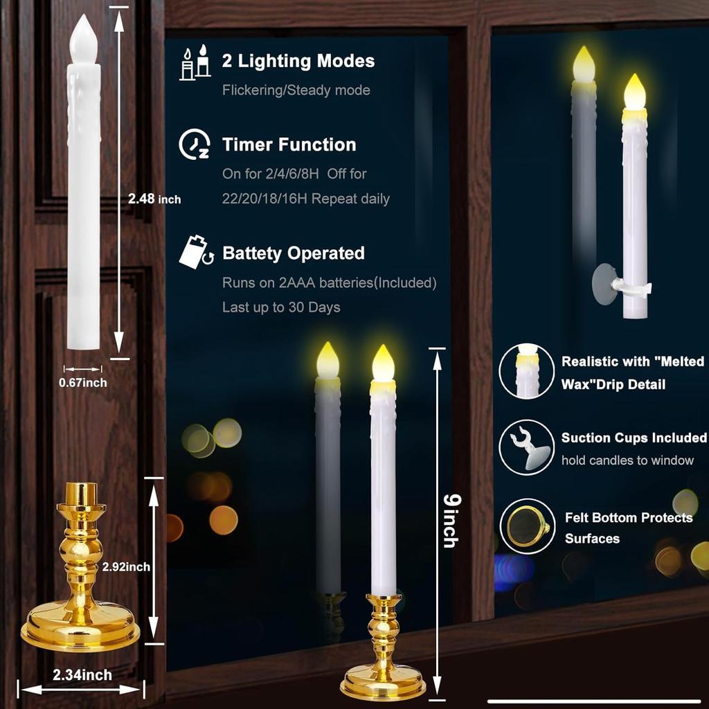 Flameless Candles 10 Pack Battery Operated Window Candles with Drip Texture,Remote Timer,10 Removable Candle Holders,10 Suction Cups,20 AA Batteries