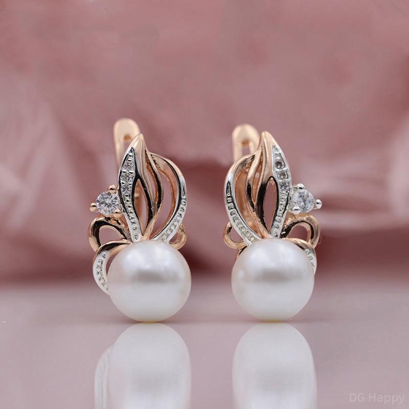 Rose Gold Color Imitation Pearl Earrings for Women Hollow Flower Drop Earrings Unique Design Elegant Delicate Bridal Wedding Jewelry
