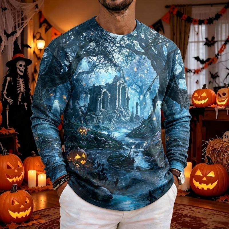 Men Halloween Crescent Moon Black Cat Graphic Long Sleeve T‑Shirt 3D Print Crew Neck Casual Pullover Streetwear Tops